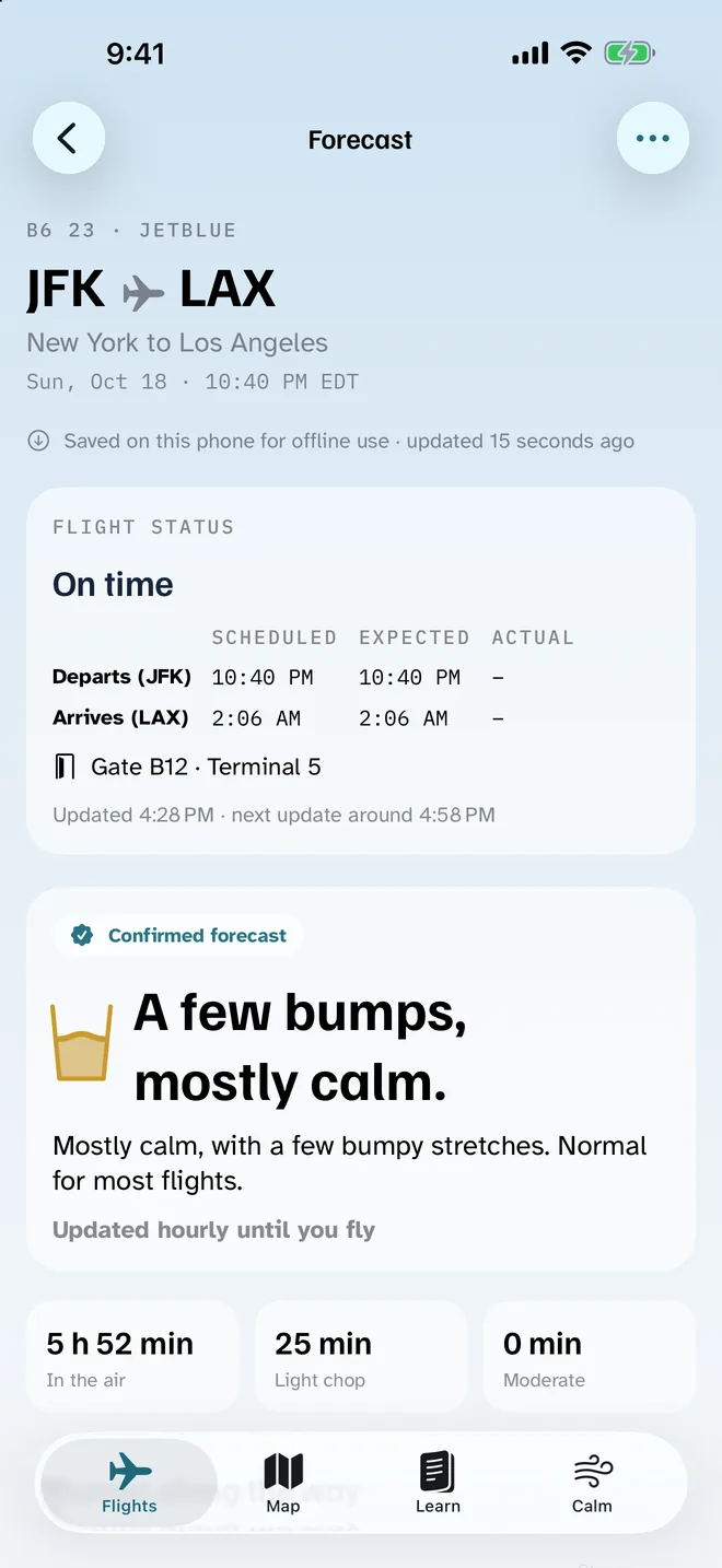 Forecast for B6 23, JFK to LAX: flight status on time from gate B12, and a confirmed forecast: A few bumps, mostly calm.