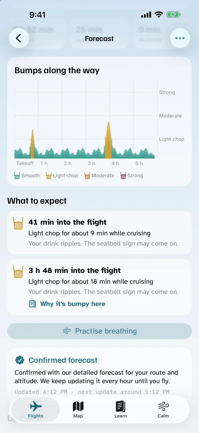 Bumps along the way: a chart of the whole flight with light chop 41 minutes in and again 3 hours 48 minutes in, each explained under What to expect.
