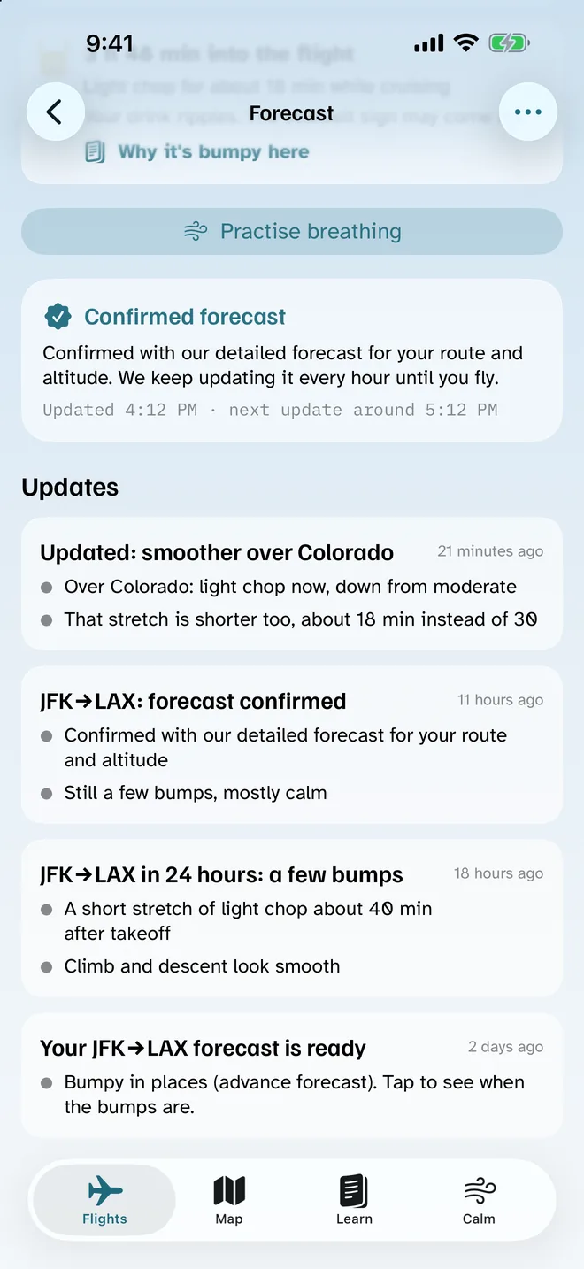 Forecast updates: smoother over Colorado, forecast confirmed, and the earlier 24-hour and advance forecasts, each with what changed.