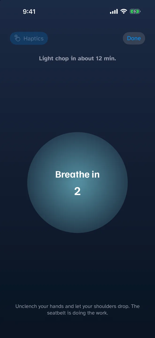 Guided breathing: Breathe in, 2. Light chop in about 12 minutes.