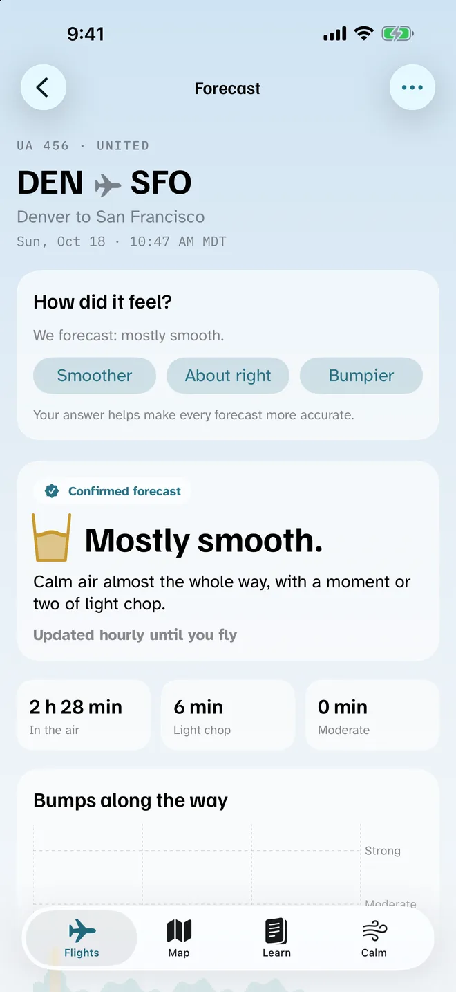 After landing, DEN to SFO: How did it feel? Smoother, About right, or Bumpier. Forecast: Mostly smooth.