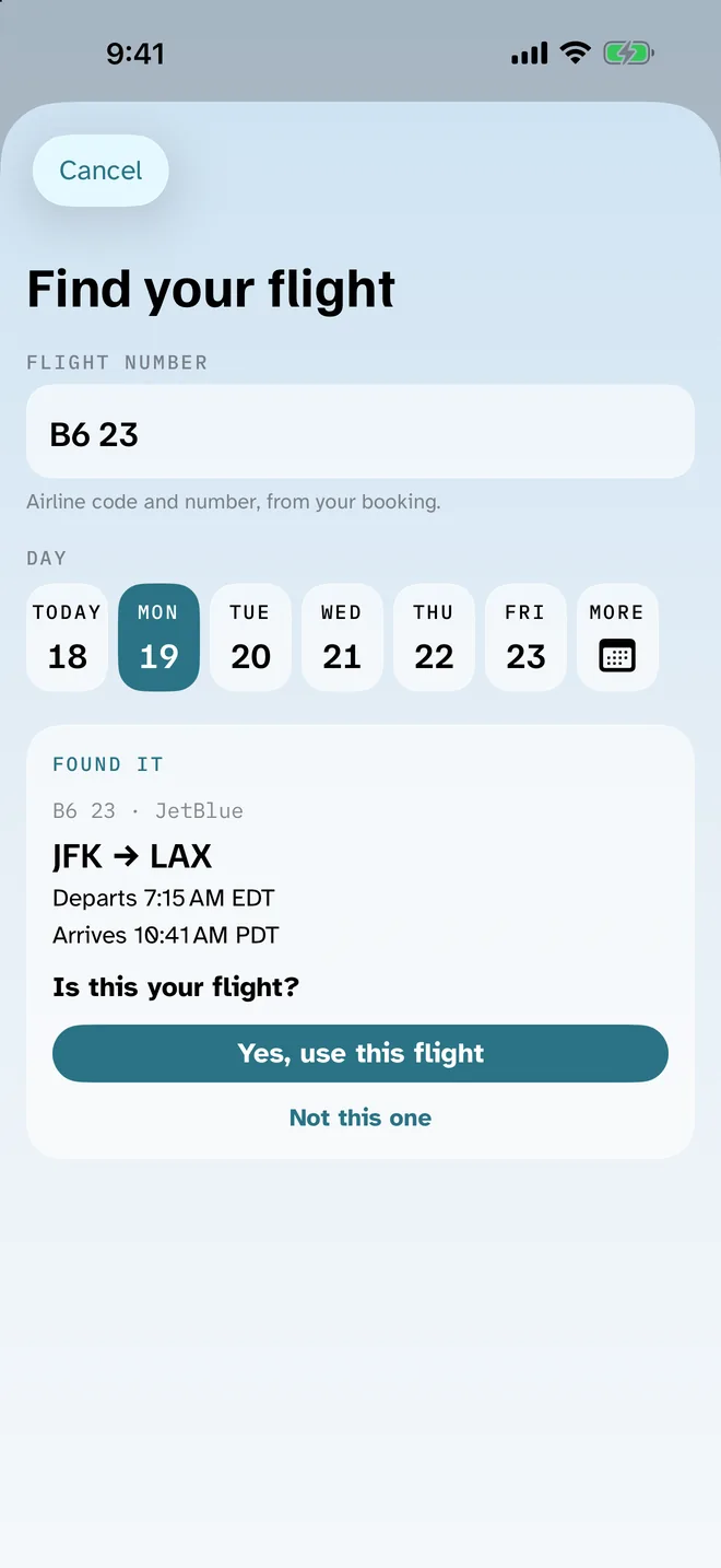 The Find your flight screen with flight number B6 23 and Monday selected, showing the match: JFK to LAX, departs 7:15 AM EDT.